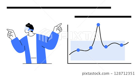 Person pointing at a data chart with rising line graph. Ideal for presentations, analytics, business growth, forecasting, education, strategy, learning. Line metaphor 128712351