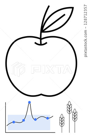 Apple outline line graph wheat stalks. Ideal for agriculture, growth, sustainability, data analysis, nature, simplicity, health. Line metaphor for growth and connectivity 128712357
