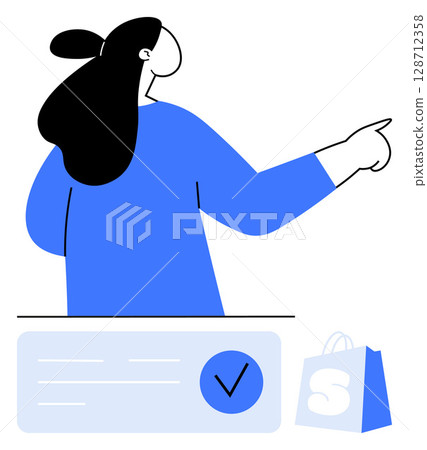 Woman pointing towards interface with checkmark and shopping bag. Ideal for online shopping, e-commerce, task completion, education, verification, customer interaction, marketing campaigns. Line 128712358