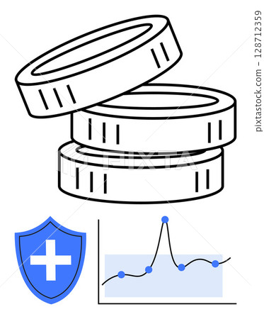 Coins stacked representing wealth, shield symbolizing protection, and a dynamic graph for data analysis. Ideal for finance, investment, economic growth, security, data analytics, risk management Coins stacked representing wealth, shield symbolizing protection, and a dynamic graph for data analysis. Ideal for finance, investment, economic growth, security, data analytics, risk management 128712359