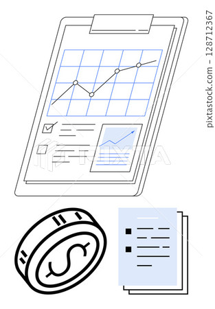 Financial report on clipboard featuring line chart, document stack, and coin with dollar sign. Ideal for financial planning, investment analysis, accounting, business presentations, economic studies 128712367