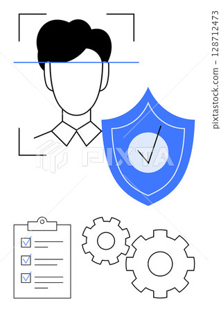 Facial recognition scan on person, security shield with checkmark, checklist with checkmarks, gears. Ideal for cybersecurity, system integration, technology, privacy protection, verification Facial recognition scan on person, security shield with checkmark, checklist with checkmarks, gears. Ideal for cybersecurity, system integration, technology, privacy protection, verification 128712473