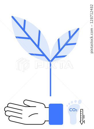 Hand reaching towards leaf, symbolizing growth and sustainability. Carbon footprint and thermometer indicate environmental impact. Ideal for themes on sustainability, growth, eco-friendly practices 128712482