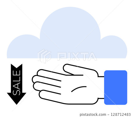 Cloud, hand extending palm, downward arrow marked SALE. Ideal for technology, cloud computing, marketing, discounts offers business data storage. Hand sign conveys offer availability. Line 128712483