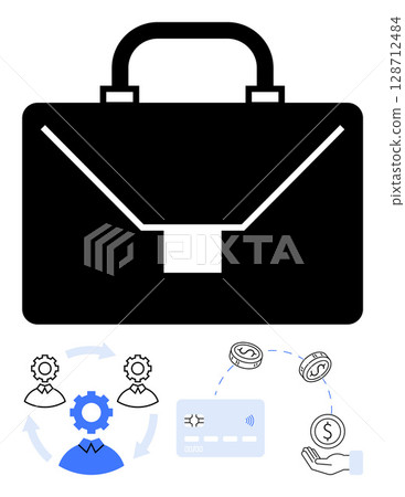 Black briefcase, gears symbolizing teamwork, credit card, hand holding dollar, cycle arrows, blue and black colors. Ideal for financial management, business strategy, teamwork digital transactions 128712484