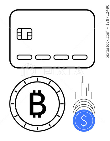 Credit card, Bitcoin symbol, and digital currency coins falling. Ideal for finance, banking, digital payments, cryptocurrency, e-commerce financial technology online transactions. Line metaphor 128712490
