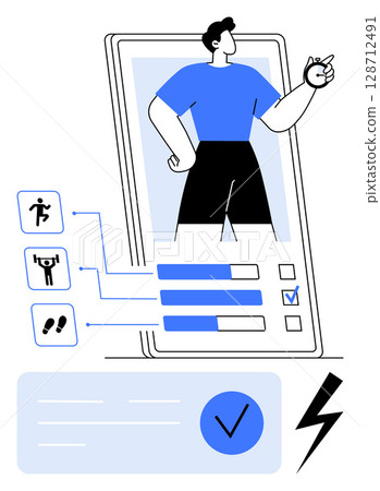 Large smartphone displaying a fitness app with user profile, activity icons, and progress bars. Ideal for fitness tracking, health apps, progress monitoring, user interface design, wellness, mobile 128712491