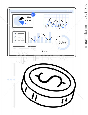 Computer screen displaying financial graphs, pie charts, progress indicators, and checklists above a dollar coin. Ideal for finance, data analysis, business strategy, financial planning, reporting Computer screen displaying financial graphs, pie charts, progress indicators, and checklists above a dollar coin. Ideal for finance, data analysis, business strategy, financial planning, reporting 128712509