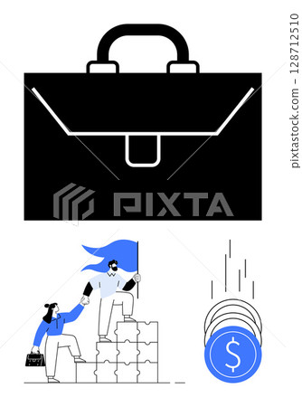 Large briefcase, two people assembling puzzle blocks with flag, and coins representing financial growth. Ideal for teamwork, success, business strategy, finance, leadership, goals achievement Large briefcase, two people assembling puzzle blocks with flag, and coins representing financial growth. Ideal for teamwork, success, business strategy, finance, leadership, goals achievement 128712510
