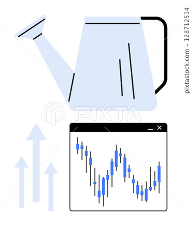 Watering can above a financial growth chart with upward arrows. Ideal for investment, financial growth, business strategy, nurturing concepts, startup development, market analysis, and economic 128712514