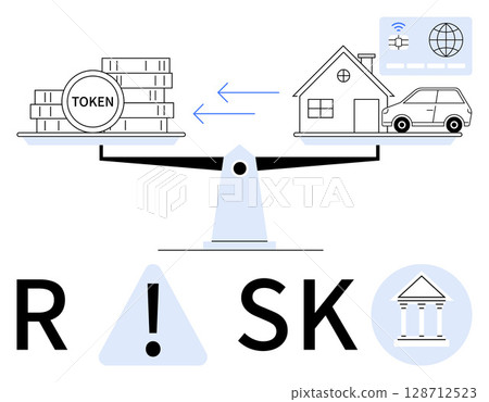 Balance scale with tokens on one side and house, car, and digital icons on the other. Ideal for finance, investment, property management, risk assessment, real estate digital currency banking. Line 128712523