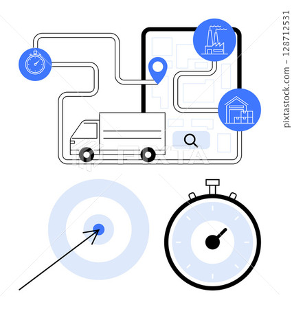 Truck on digital map two blue location pins stopwatch and target circles. Ideal for logistics, delivery tracking, route optimization, supply chain, time management, precision, efficiency. Line Truck on digital map two blue location pins stopwatch and target circles. Ideal for logistics, delivery tracking, route optimization, supply chain, time management, precision, efficiency. Line 128712531