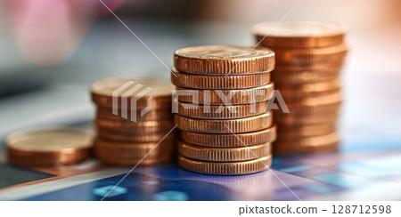 Close-up of stacked coins in varying sizes on a financial paper, indicating wealth accumulation and economic planning. 128712598