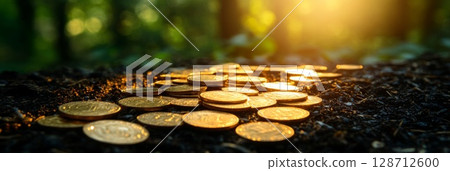 Shiny gold coins placed on fertile soil under natural light, illustrating value, investment, and financial prosperity. 128712600