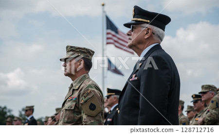 Military Ceremony with Flags, Officers, and Soldiers Honoring Service and Sacrifice in USA 128712716