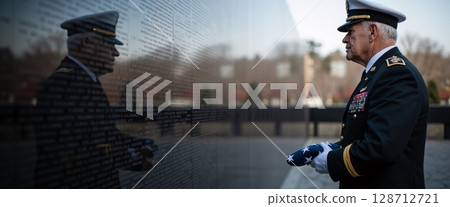 Elderly military officer in uniform holds folded flag by reflective war memorial wall 128712721