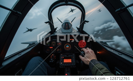 Pilot in Cockpit of Aircraft Surrounded by Fighter Jets in Dramatic Sky at Sunset Pilot in Cockpit of Aircraft Surrounded by Fighter Jets in Dramatic Sky at Sunset 128712761