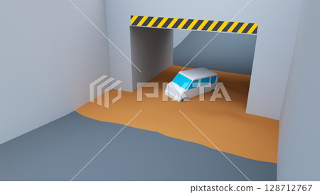 一輛輕型車輛被困在被水淹沒的地下通道中 128712767