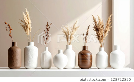 A beautiful still life of a spring bouquet in a vase, featuring yellow blossoms, green leaves, and decorative eggs on a table 128712830