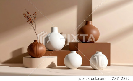 A beautiful still life of a spring bouquet in a vase, featuring yellow blossoms, green leaves, and decorative eggs on a table 128712832