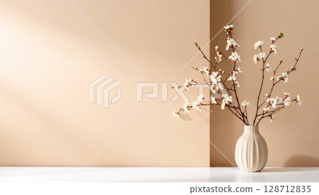 Elegant spring floral arrangement on a table with a white vase 128712835