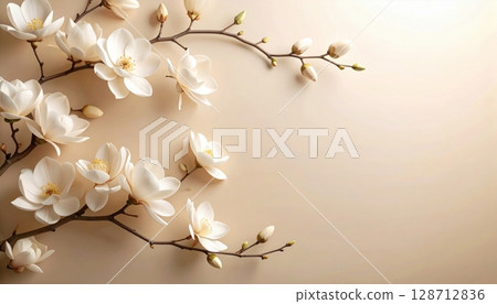 Elegant spring floral arrangement on a table with a white vase 128712836