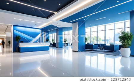 Bright, sleek, and minimalist, this modern office interior, corridor, and building design is a beacon of contemporary architecture Bright, sleek, and minimalist, this modern office interior, corridor, and building design is a beacon of contemporary architecture 128712843