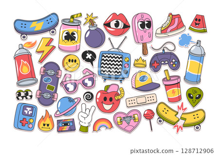 Hand drawn stickers for skateboarding creative cool doodle collection isolated on white background 128712906