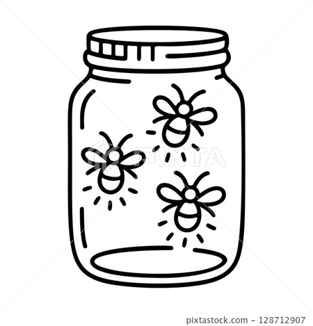 Fireflies in jar black and white icon clean line art, doodle style 128712907