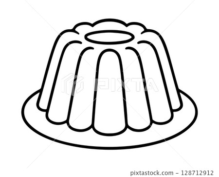 Jelly on a plate black and white icon clean line art, doodle style. Light sweet dessert 128712912