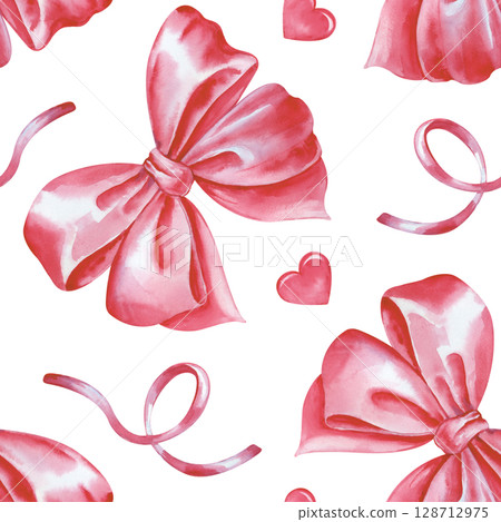 Watercolor seamless pattern with pink bows, ribbons and hearts on a white background. Seamless romantic background. Monochrome template for fabric, wallpaper, packaging, scrapbooking. 128712975