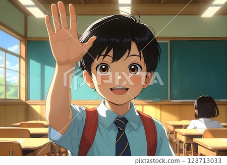 Illustration of a cute boy raising his hand to greet someone in the classroom 128713033