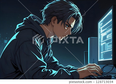 Illustration of a handsome boy operating a computer in a dark room 128713034