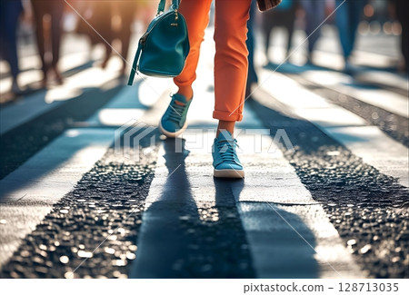 The feet of a person walking on a pedestrian crossing illuminated by light 128713035