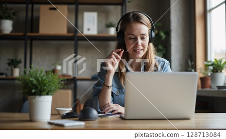 Young Professional Woman Engaged in Virtual Meeting with Laptop and Headphones at Home Office Young Professional Woman Engaged in Virtual Meeting with Laptop and Headphones at Home Office 128713084