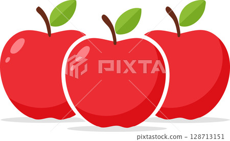 Three red apples with green leaves placed side by side on a white background. Three red apples with green leaves placed side by side on a white background. 128713151