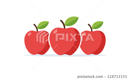 Group of shiny apples with stems and leaves in a playful illustration style. 128713153