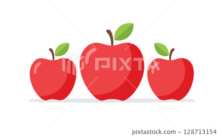 Cartoon-style red apples with bright reflections, sitting on a smooth white floor. 128713154