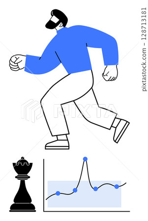Person strides ahead confidently alongside a chess king and fluctuating graph. Ideal for strategy, growth, leadership, innovation, progress, data analysis, decision-making. Line metaphor 128713181