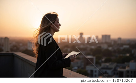 Businesswoman on Rooftop at Sunset Overlooking City with Tablet in Hand 128713207