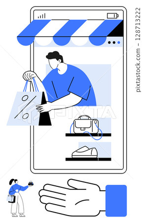 Smartphone screen displaying shopping elements, person holding shopping bags, e-commerce items. Ideal for online shopping, e-commerce, mobile apps, digital transactions, retail, marketplaces 128713222