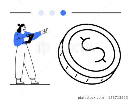 Businesswoman with tablet pointing towards large coin with dollar sign. Ideal for finance, investment, business planning, economic education, financial analysis, savings, wealth building. Line Businesswoman with tablet pointing towards large coin with dollar sign. Ideal for finance, investment, business planning, economic education, financial analysis, savings, wealth building. Line 128713233
