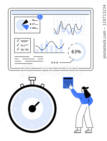 Business analytics dashboard stopwatch woman holding calculator. Ideal for analytics, productivity, time management, business planning, financial reporting, data visualization, presentations. Line Business analytics dashboard stopwatch woman holding calculator. Ideal for analytics, productivity, time management, business planning, financial reporting, data visualization, presentations. Line 128713234