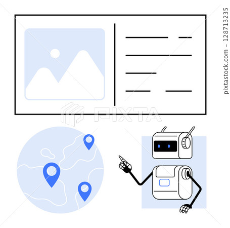 Robot points at a map with blue location markers, next to a picture and text box. Ideal for technology, navigation, robots, user interfaces, AI, futuristic themes, information. Line metaphor 128713235