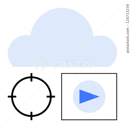 Simplified cloud with blue fill, black target, and blue play button in rectangle. Ideal for cloud storage, digital media, targeting, tech tutorials, online marketing, multimedia digital strategy Simplified cloud with blue fill, black target, and blue play button in rectangle. Ideal for cloud storage, digital media, targeting, tech tutorials, online marketing, multimedia digital strategy 128713239