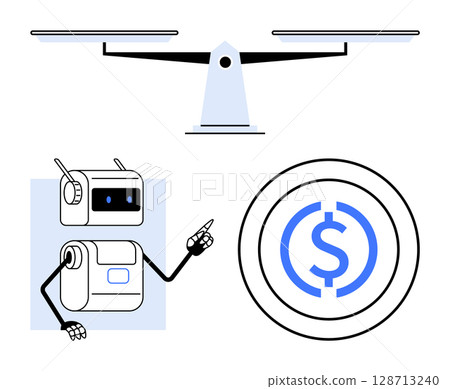 Robot pointing money symbol in a circular design, and a scale. Ideal for technology, finance, AI, economics, balance, investment, precision. Line metaphor 128713240