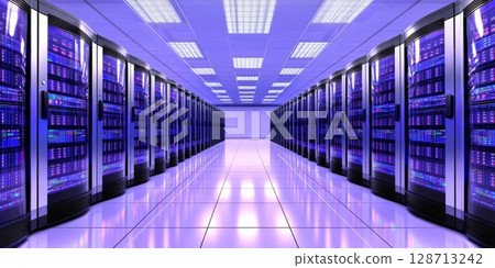 Data Center Multiple Rows Operational Server Racks. Modern Telecommunications, Cloud Computing, Artificial Intelligence, Database 128713242