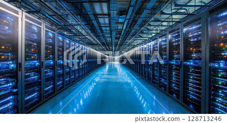 Data Center Multiple Rows Operational Server Racks. Modern Telecommunications, Cloud Computing, Artificial Intelligence, Database 128713246