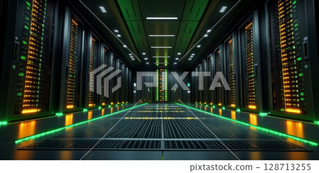 Data Center Multiple Rows Operational Server Racks. Modern Telecommunications, Cloud Computing, Artificial Intelligence, Database 128713255