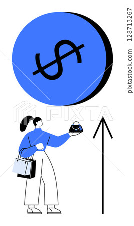 Woman holding a coffee cup and shopping bag looks at a rising arrow under a large blue circle with a dollar sign. Ideal for finance, growth, investment, shopping, retail, economic trends. Line Woman holding a coffee cup and shopping bag looks at a rising arrow under a large blue circle with a dollar sign. Ideal for finance, growth, investment, shopping, retail, economic trends. Line 128713267